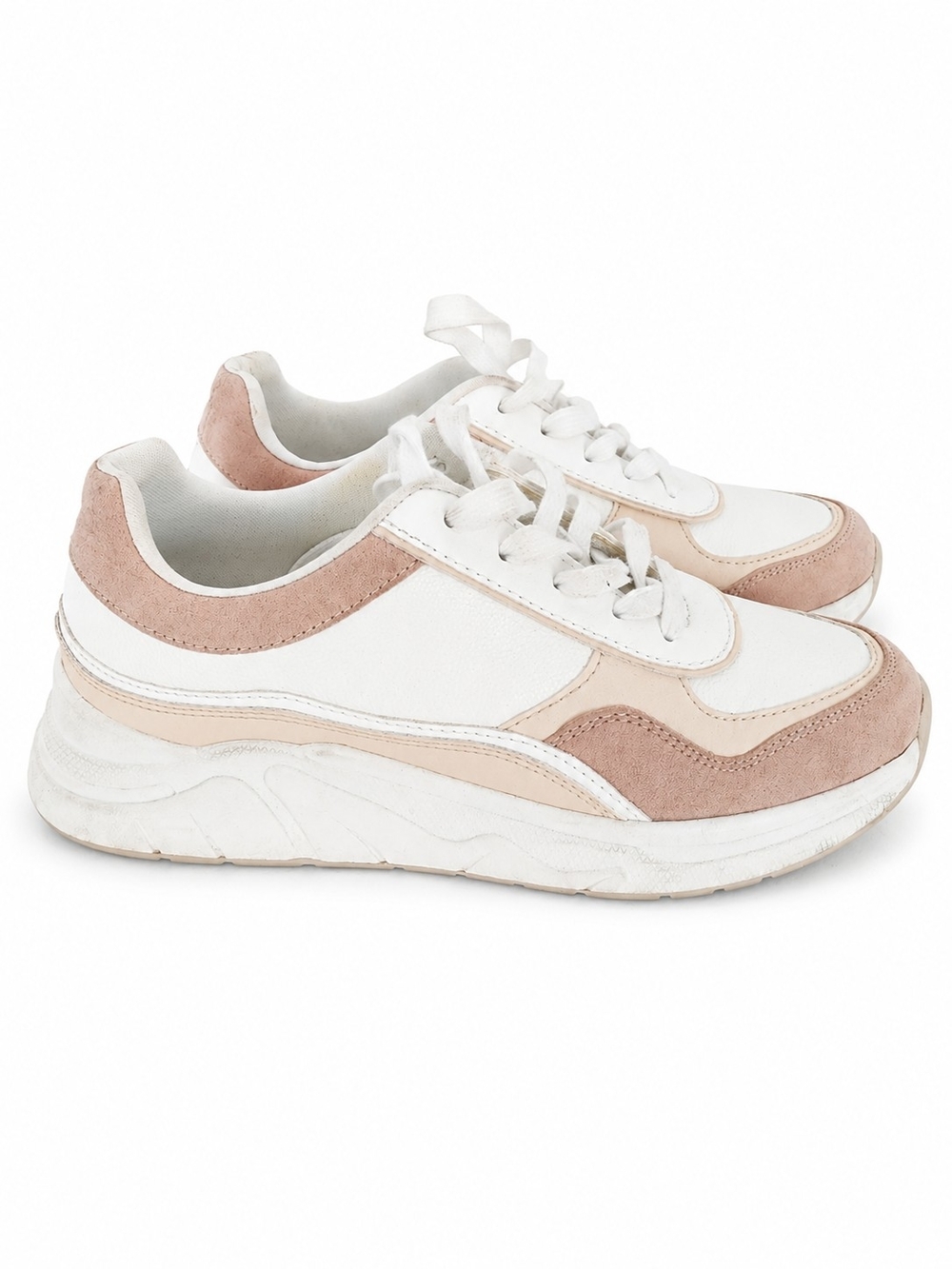 le chateau White and Blush Pink Women's Chunky Lace-Up Sneakers Sz 39